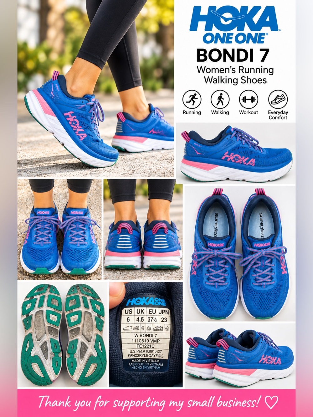 HOKA ONE ONE Bondi 7 Women’s Size 6 Blue Pink Running Walking Shoes 1110519